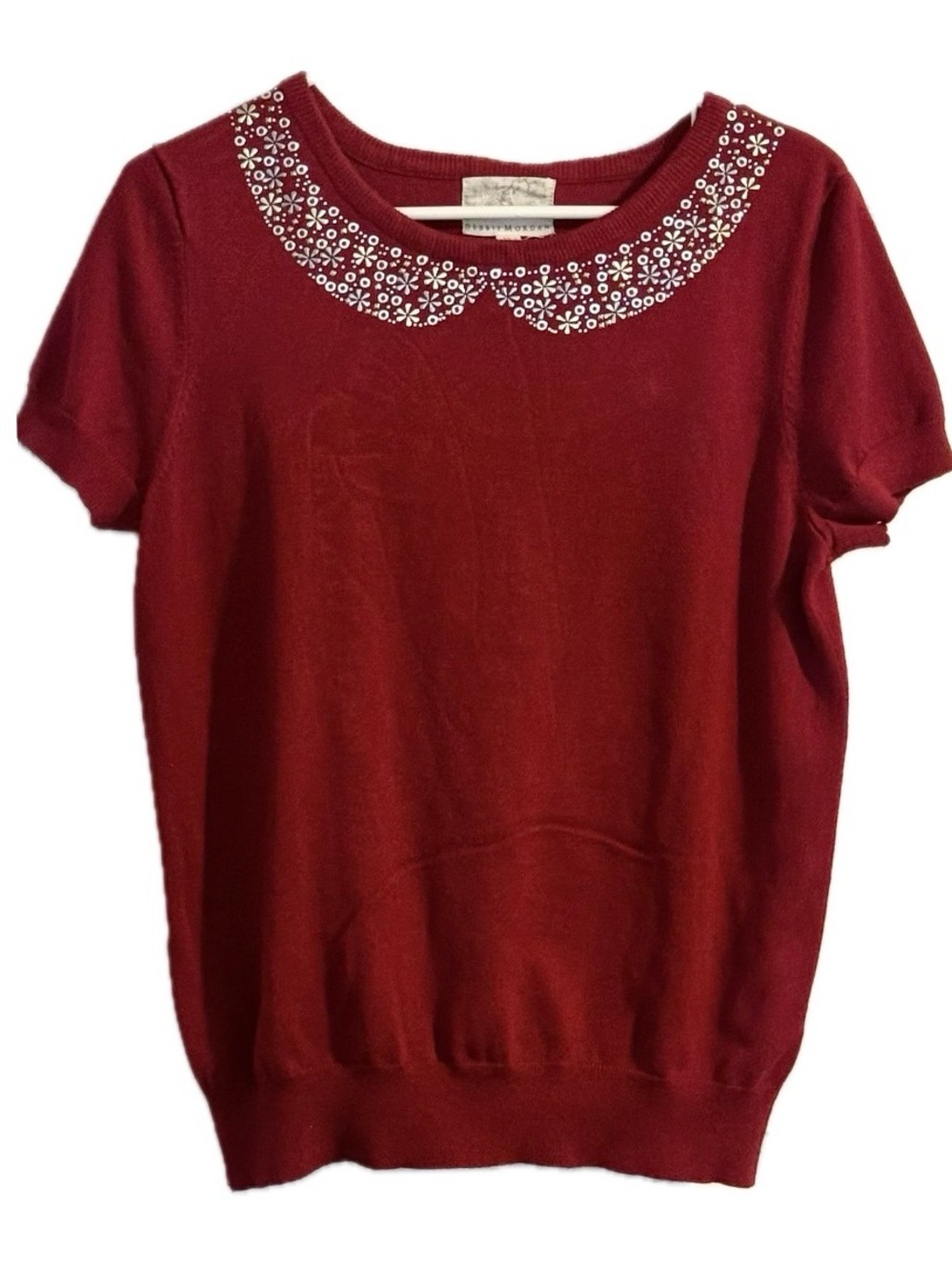 Debbie Morgan Red Knit Short Sleeve Sweater Embellished Sequined Collar XL